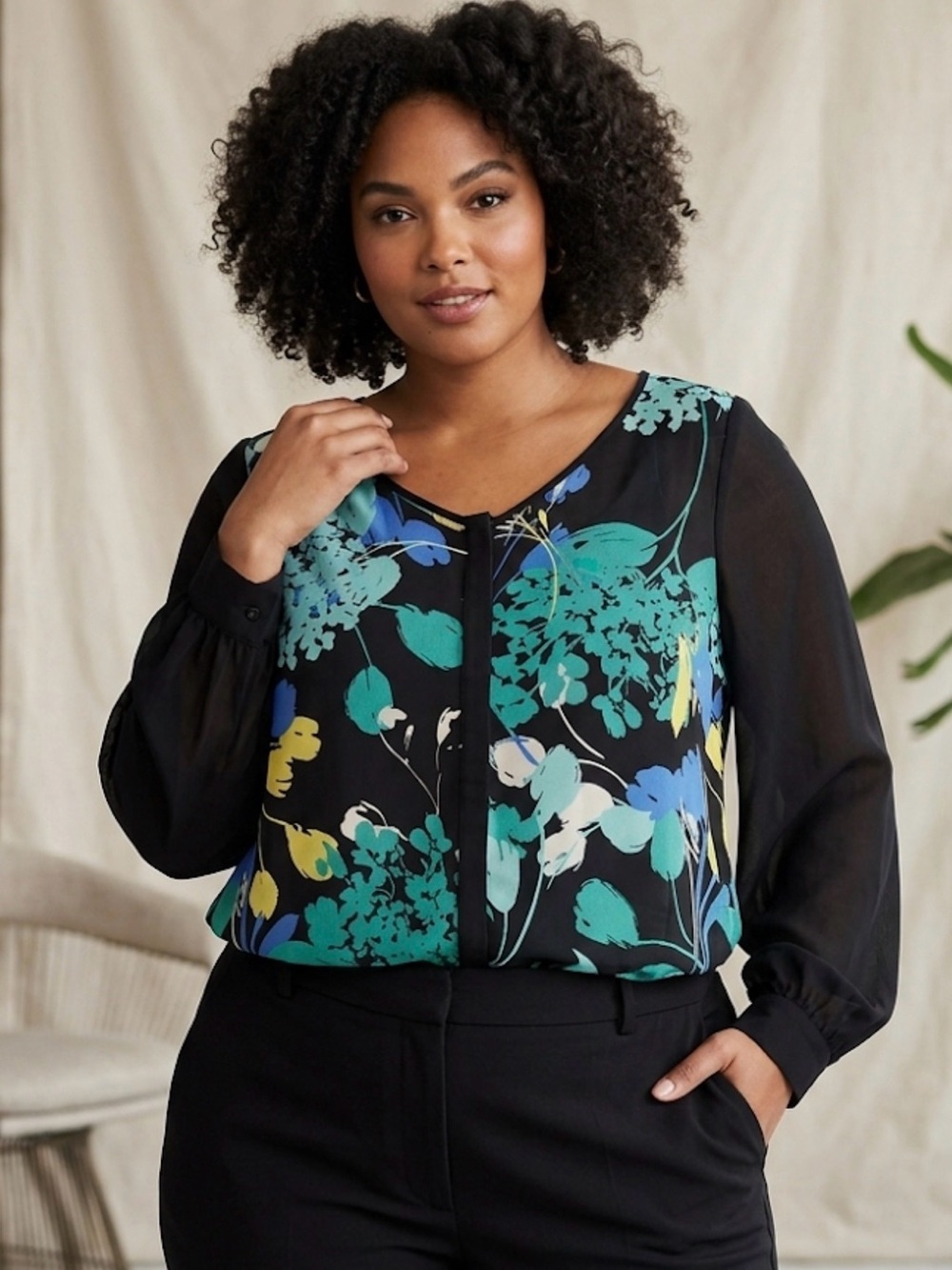 Worthington Black Floral Sheer Long-Sleeve Blouse